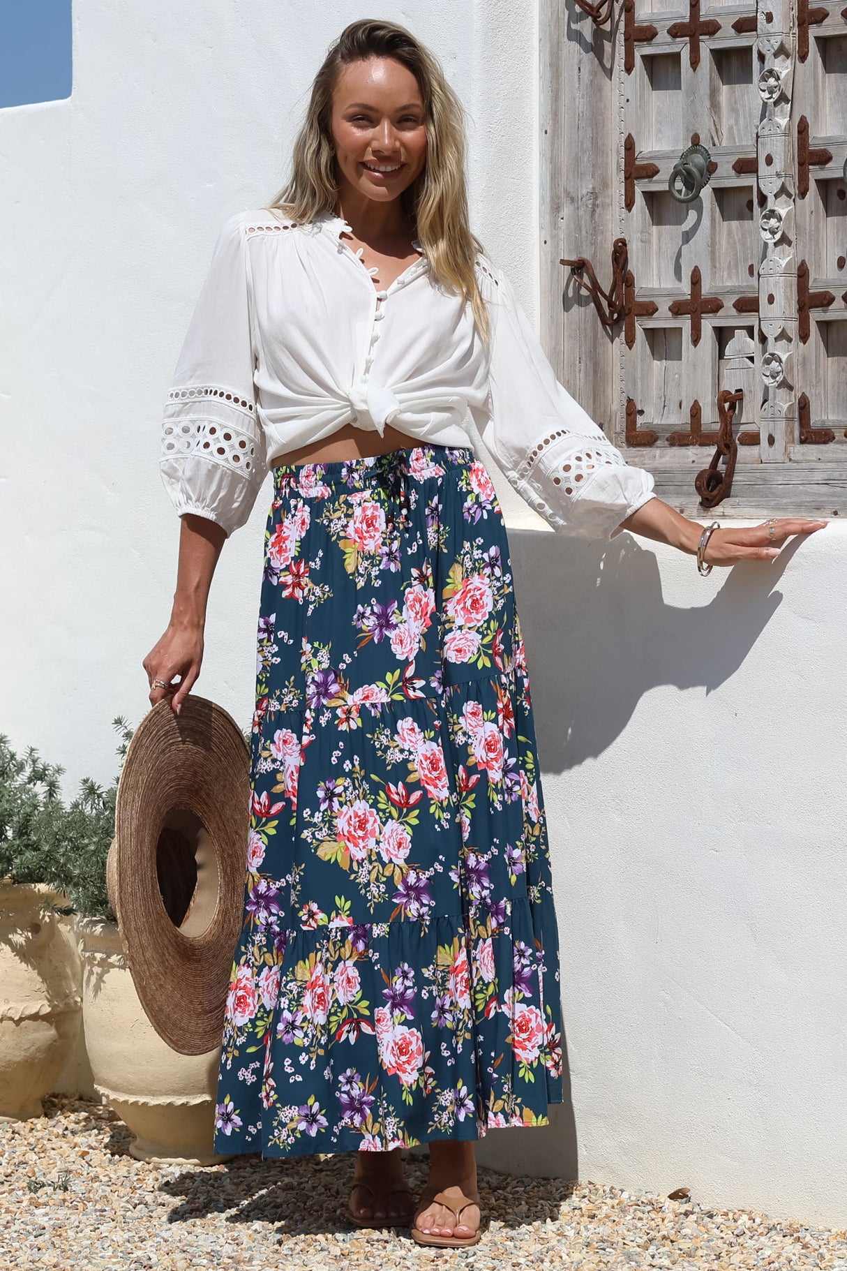 Lucien Maxi Skirt - High Waisted Tiered Skirt in Virginia Print Navy
