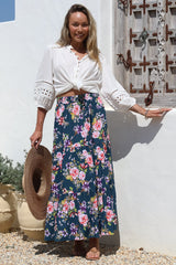 Lucien Maxi Skirt - High Waisted Tiered Skirt in Virginia Print Navy