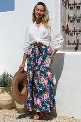 Lucien Maxi Skirt - High Waisted Tiered Skirt in Virginia Print Navy