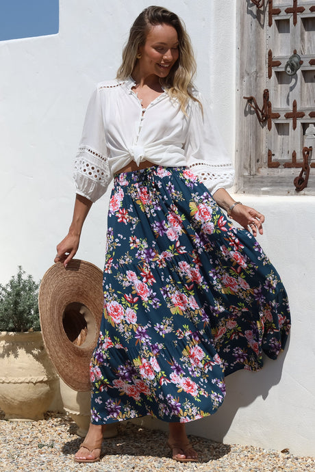Lucien Maxi Skirt - High Waisted Tiered Skirt in Virginia Print Navy