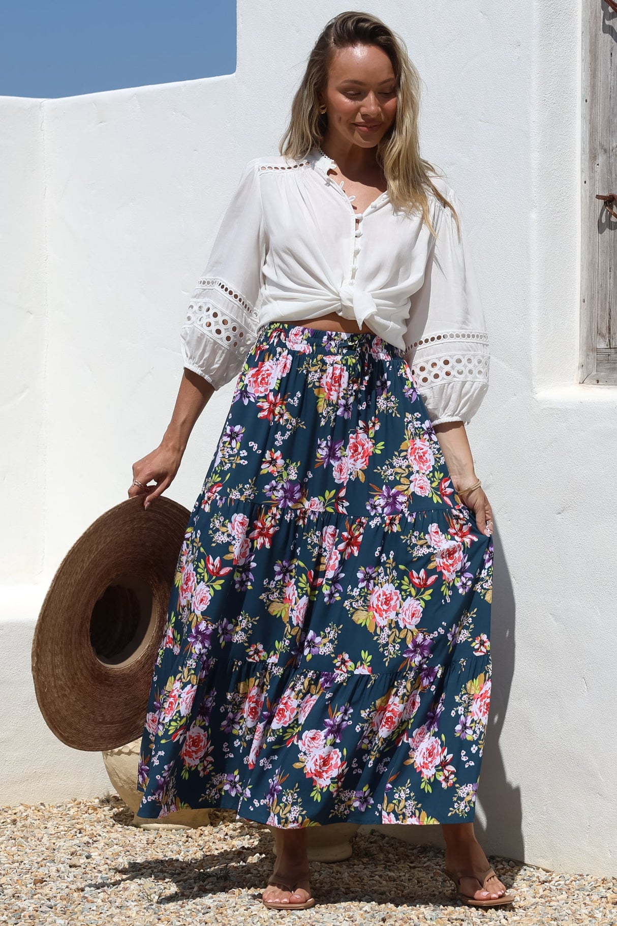 Lucien Maxi Skirt - High Waisted Tiered Skirt in Virginia Print Navy