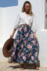 Lucien Maxi Skirt - High Waisted Tiered Skirt in Virginia Print Navy