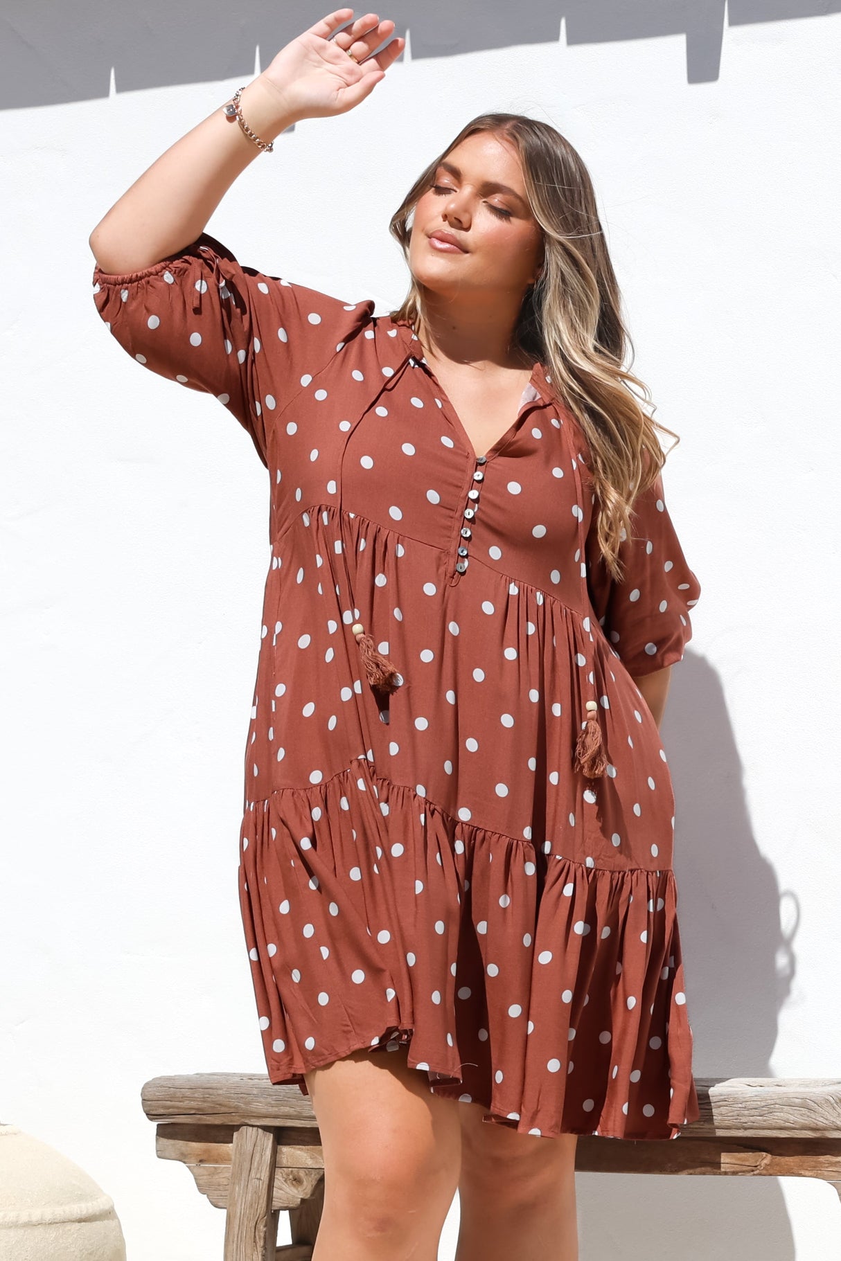 Marah Mini Dress - Mandarin Collar Short Sleeve with Tie Smock Dress in Parisian Polka Rust