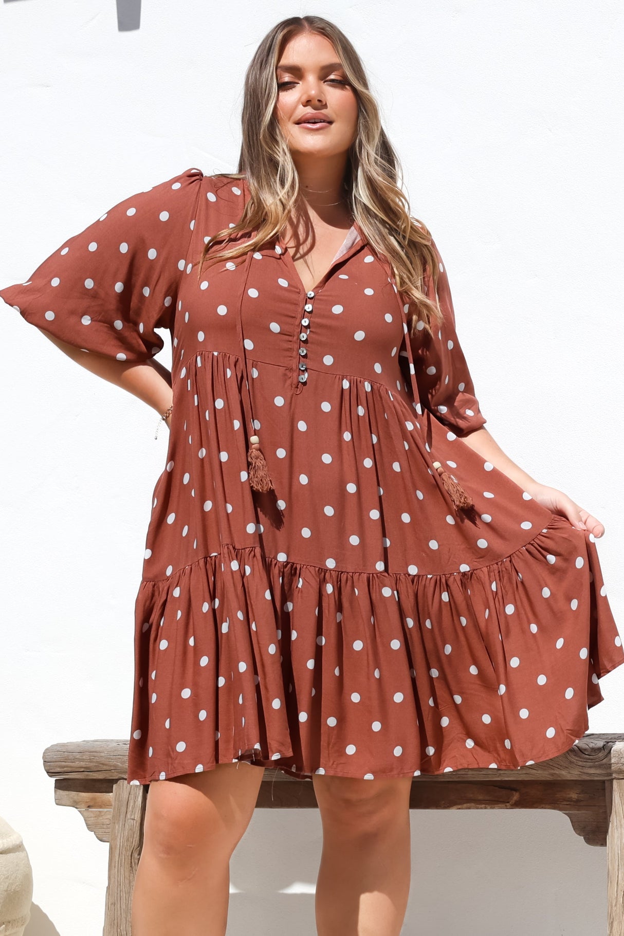 Marah Mini Dress - Mandarin Collar Short Sleeve with Tie Smock Dress in Parisian Polka Rust