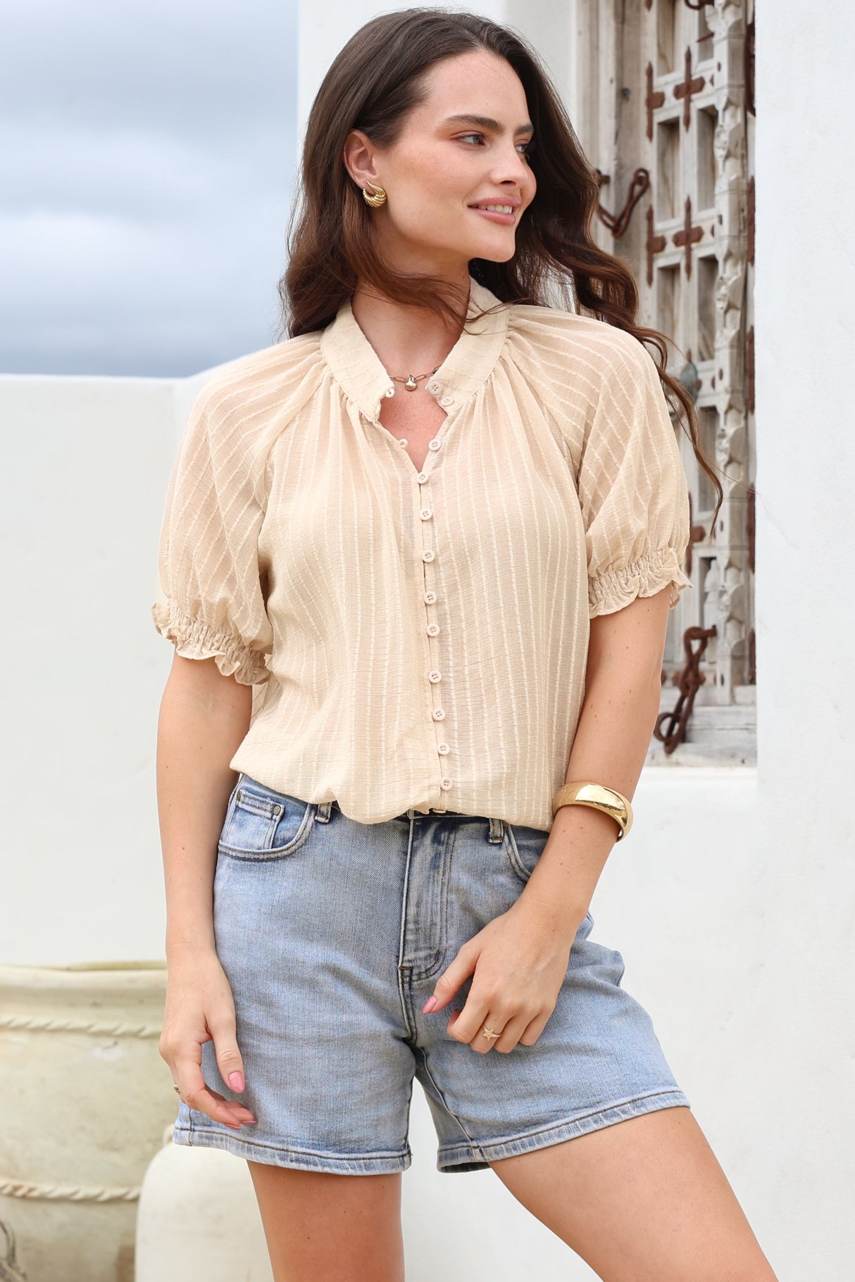 Luella Shirt - Subtle Textured Stripe Button Down with Puff Sleeves in Beige