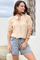 Luella Shirt - Subtle Textured Stripe Button Down with Puff Sleeves in Beige