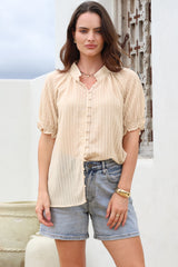 Luella Shirt - Subtle Textured Stripe Button Down with Puff Sleeves in Beige