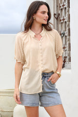 Luella Shirt - Subtle Textured Stripe Button Down with Puff Sleeves in Beige