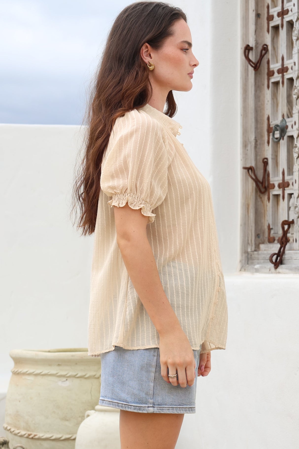 Luella Shirt - Subtle Textured Stripe Button Down with Puff Sleeves in Beige