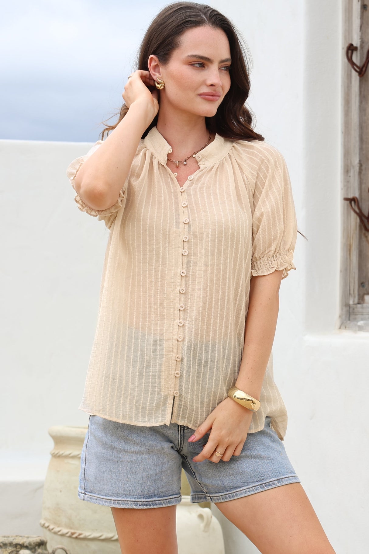 Luella Shirt - Subtle Textured Stripe Button Down with Puff Sleeves in Beige