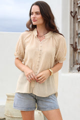 Luella Shirt - Subtle Textured Stripe Button Down with Puff Sleeves in Beige