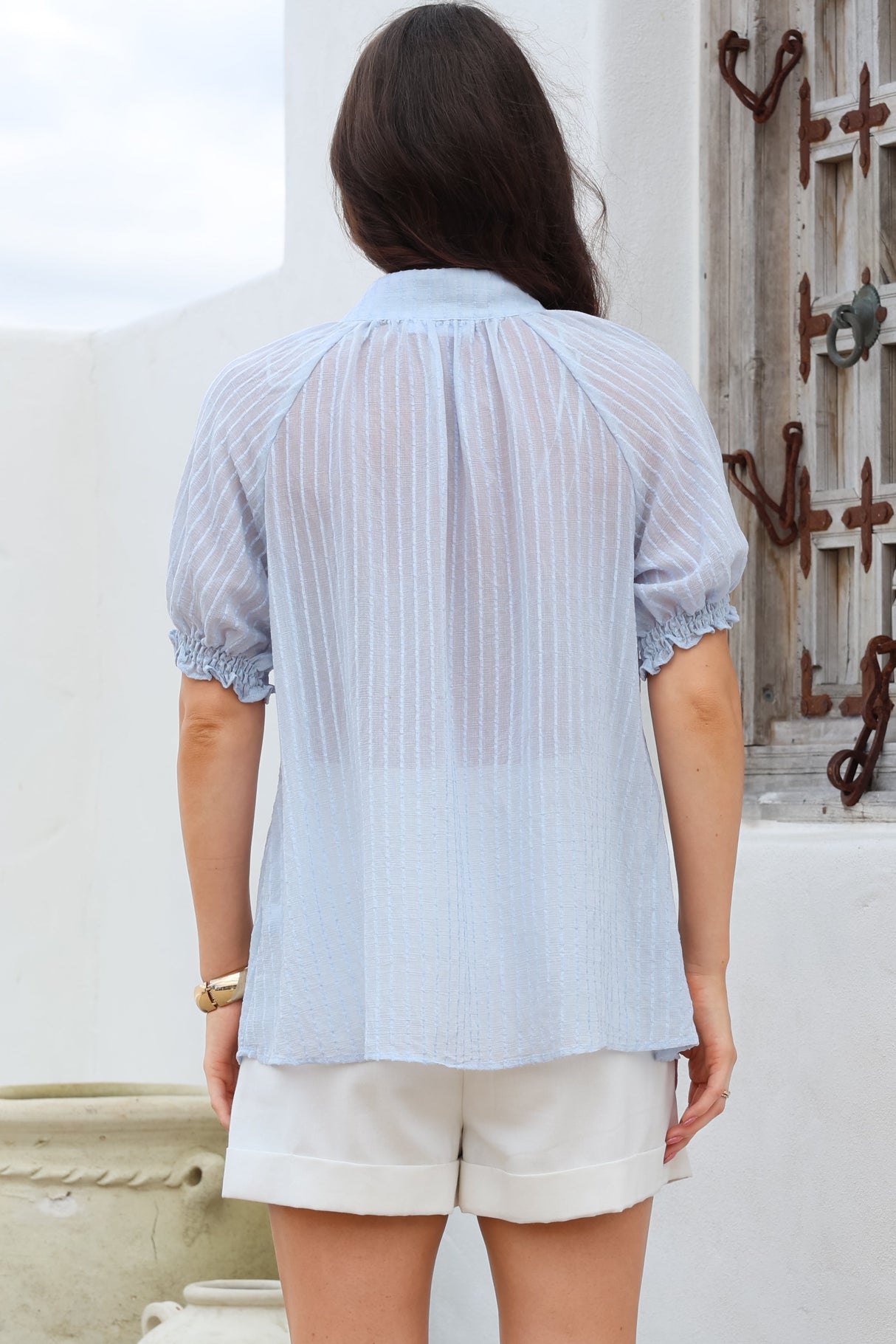 Luella Shirt - Subtle Textured Stripe Button Down with Puff Sleeves in Blue