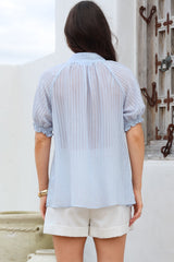 Luella Shirt - Subtle Textured Stripe Button Down with Puff Sleeves in Blue