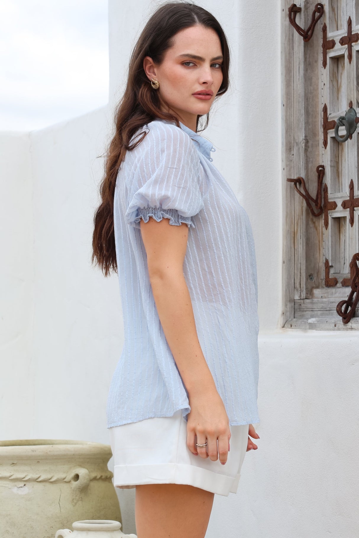 Luella Shirt - Subtle Textured Stripe Button Down with Puff Sleeves in Blue