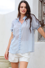Luella Shirt - Subtle Textured Stripe Button Down with Puff Sleeves in Blue