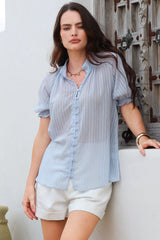 Luella Shirt - Subtle Textured Stripe Button Down with Puff Sleeves in Blue