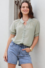 Luella Shirt - Subtle Textured Stripe Button Down with Puff Sleeves in Mint