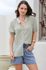 Luella Shirt - Subtle Textured Stripe Button Down with Puff Sleeves in Mint