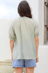 Luella Shirt - Subtle Textured Stripe Button Down with Puff Sleeves in Mint