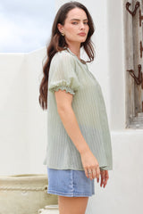 Luella Shirt - Subtle Textured Stripe Button Down with Puff Sleeves in Mint