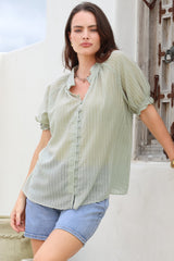 Luella Shirt - Subtle Textured Stripe Button Down with Puff Sleeves in Mint