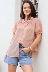 Luella Shirt - Subtle Textured Stripe Button Down with Puff Sleeves in Pink