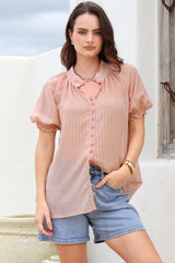 Luella Shirt - Subtle Textured Stripe Button Down with Puff Sleeves in Pink