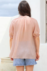 Luella Shirt - Subtle Textured Stripe Button Down with Puff Sleeves in Pink