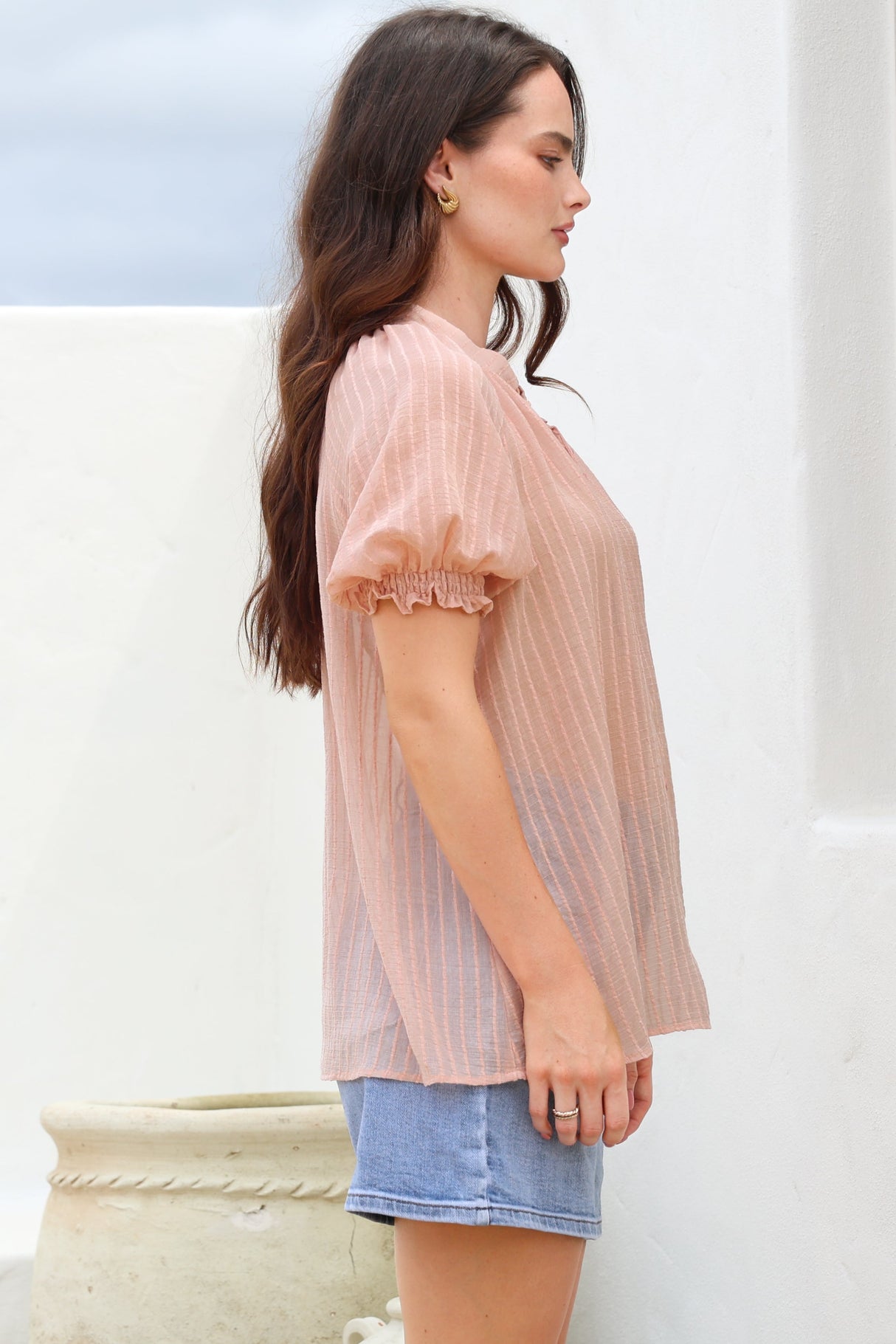 Luella Shirt - Subtle Textured Stripe Button Down with Puff Sleeves in Pink