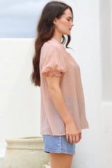 Luella Shirt - Subtle Textured Stripe Button Down with Puff Sleeves in Pink
