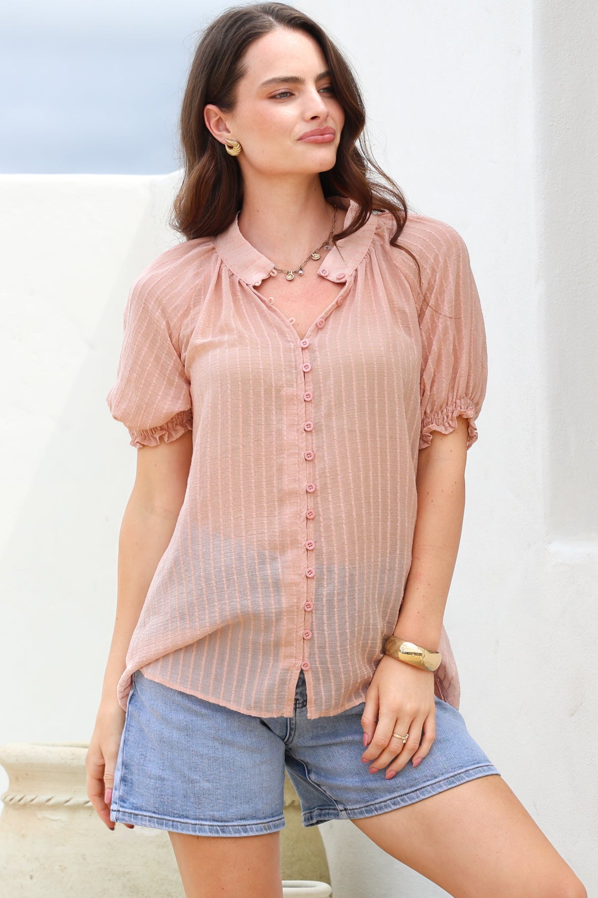 Luella Shirt - Subtle Textured Stripe Button Down with Puff Sleeves in Pink