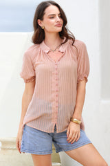 Luella Shirt - Subtle Textured Stripe Button Down with Puff Sleeves in Pink