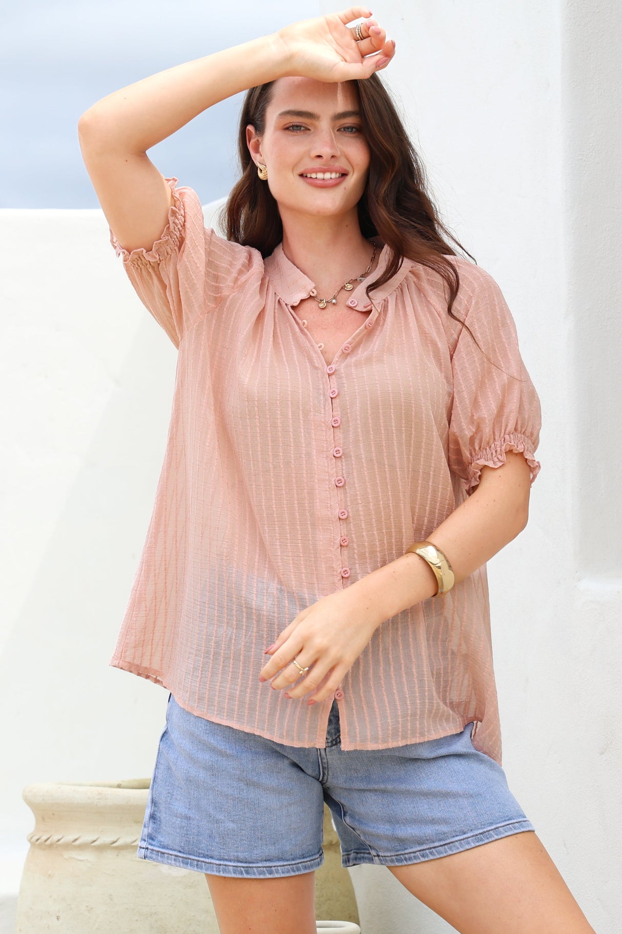 Luella Shirt - Subtle Textured Stripe Button Down with Puff Sleeves in Pink