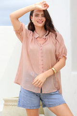 Luella Shirt - Subtle Textured Stripe Button Down with Puff Sleeves in Pink