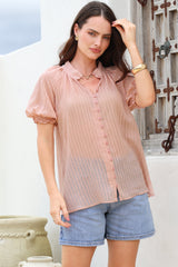 Luella Shirt - Subtle Textured Stripe Button Down with Puff Sleeves in Pink