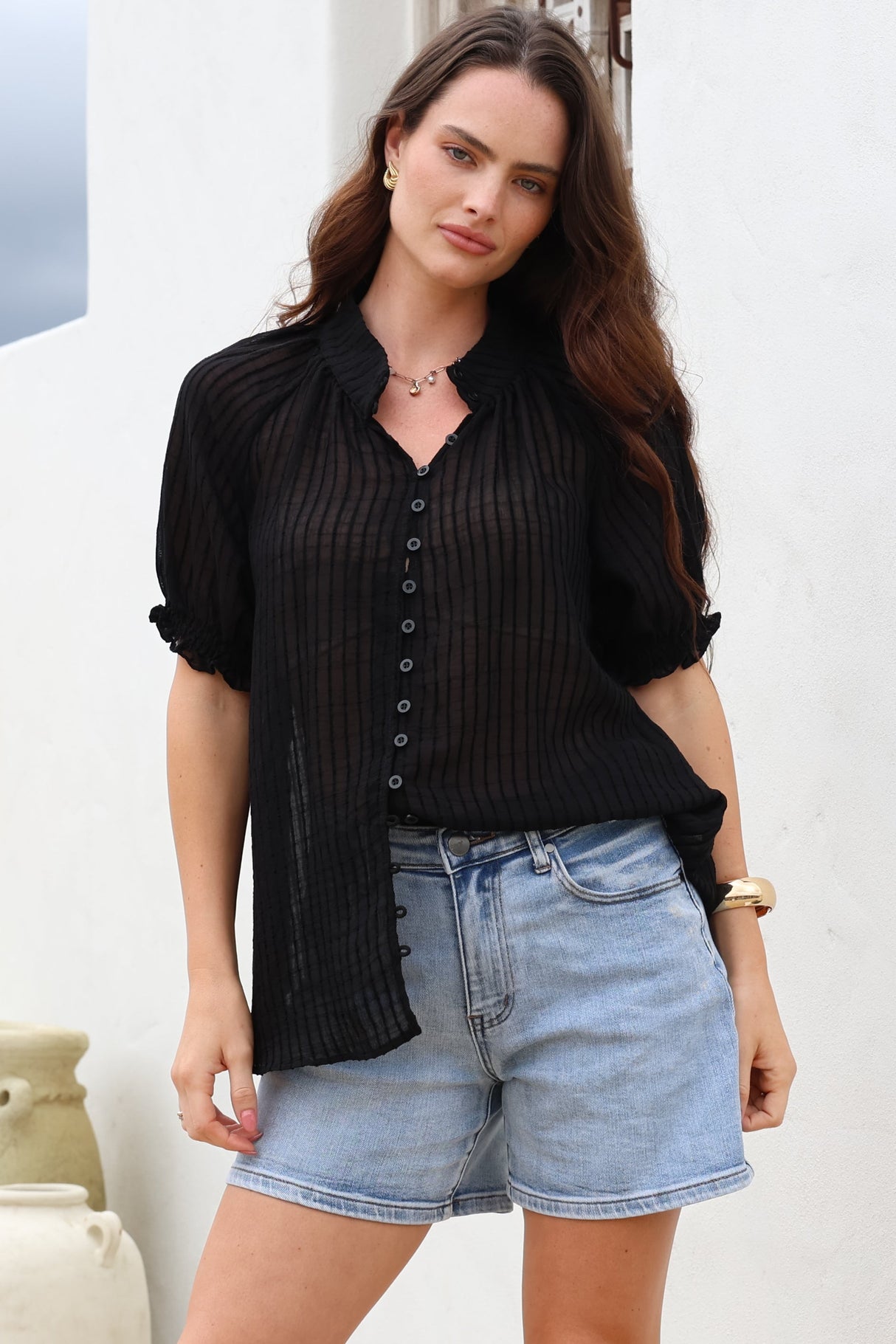 Luella Shirt - Subtle Textured Stripe Button Down with Puff Sleeves in Black