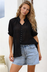 Luella Shirt - Subtle Textured Stripe Button Down with Puff Sleeves in Black