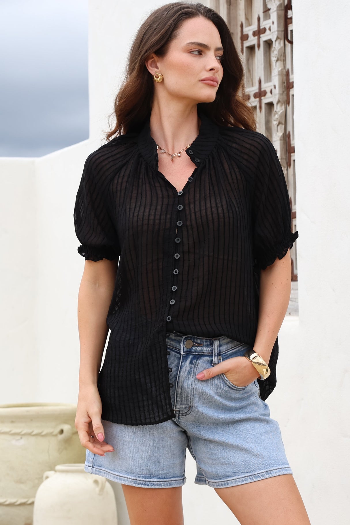 Luella Shirt - Subtle Textured Stripe Button Down with Puff Sleeves in Black