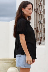 Luella Shirt - Subtle Textured Stripe Button Down with Puff Sleeves in Black