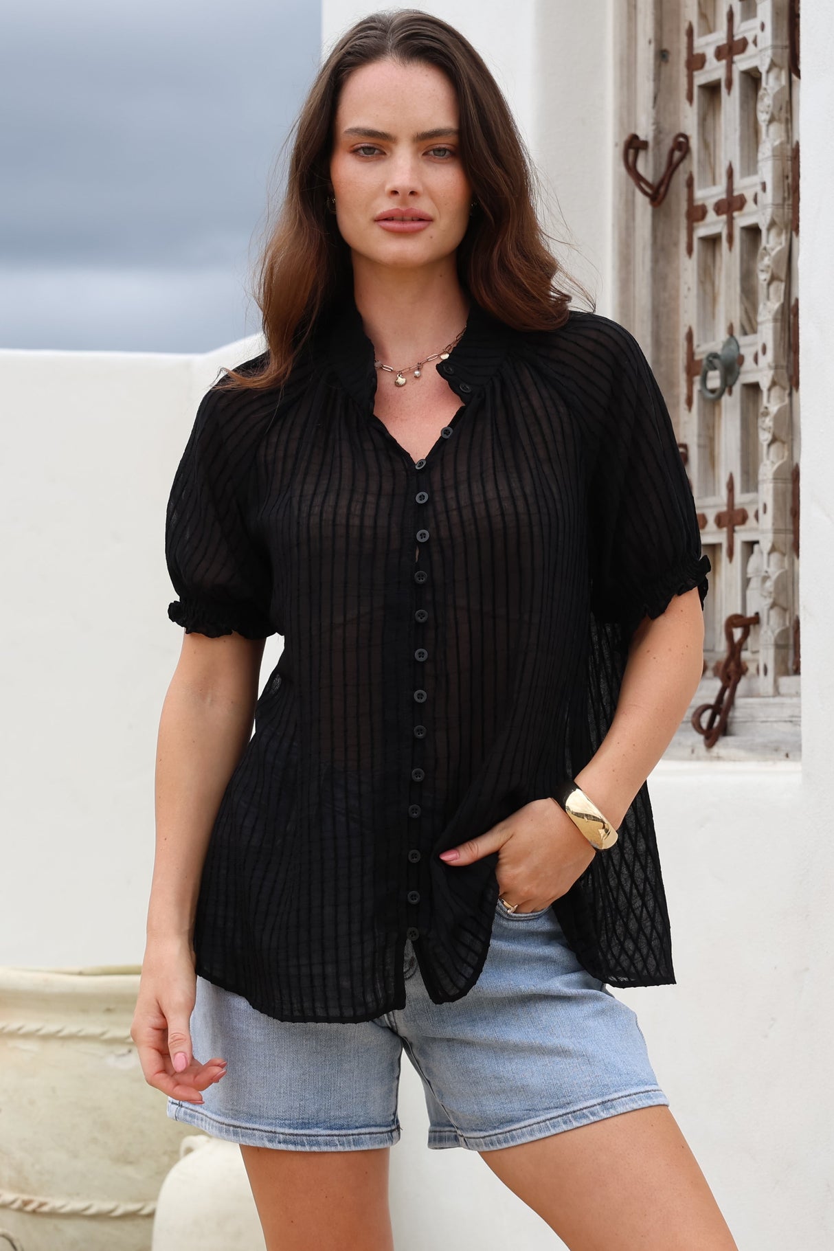 Luella Shirt - Subtle Textured Stripe Button Down with Puff Sleeves in Black