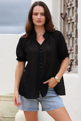 Luella Shirt - Subtle Textured Stripe Button Down with Puff Sleeves in Black