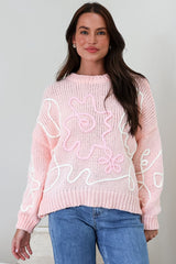 Lulu Jumper - Crew Neck Abstract Floral Motif Knit with Balloon Sleeves in Baby Pink