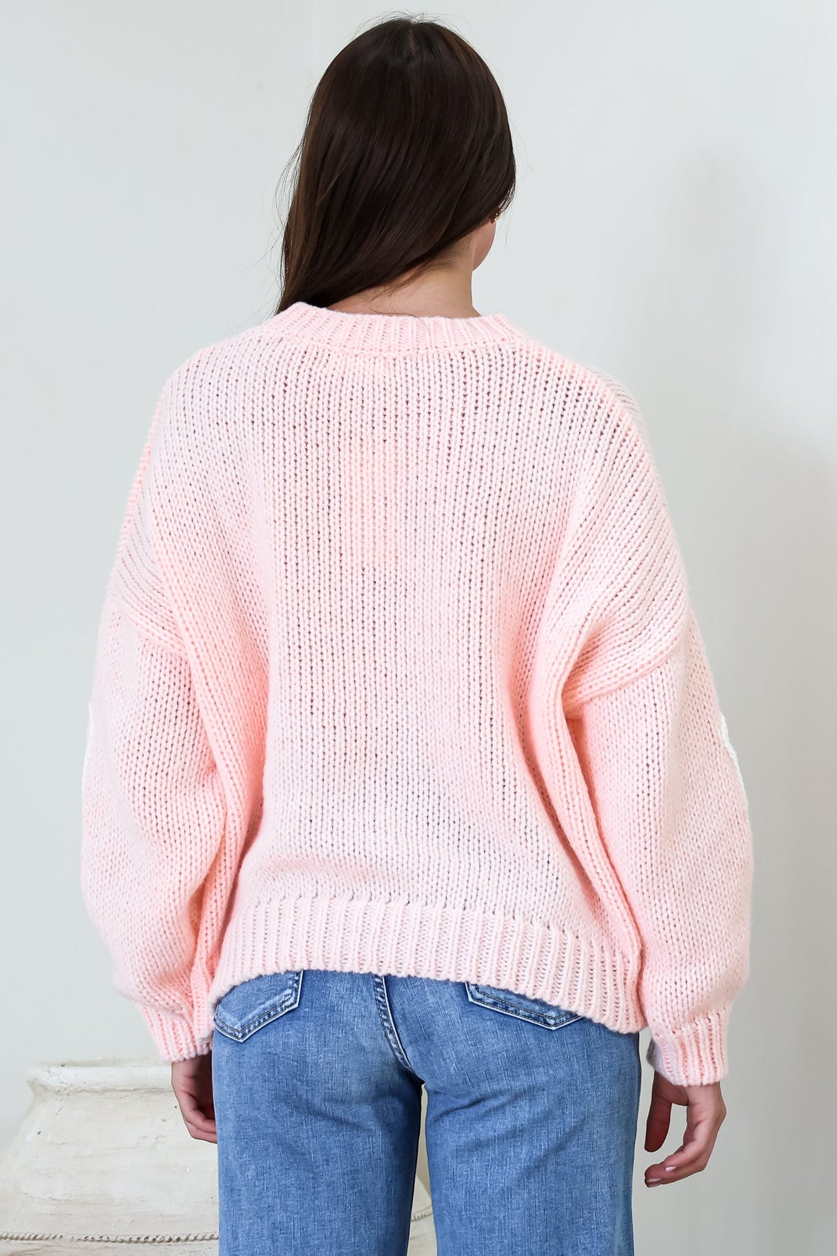 Lulu Jumper - Crew Neck Abstract Floral Motif Knit with Balloon Sleeves in Baby Pink