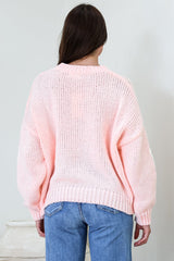 Lulu Jumper - Crew Neck Abstract Floral Motif Knit with Balloon Sleeves in Baby Pink