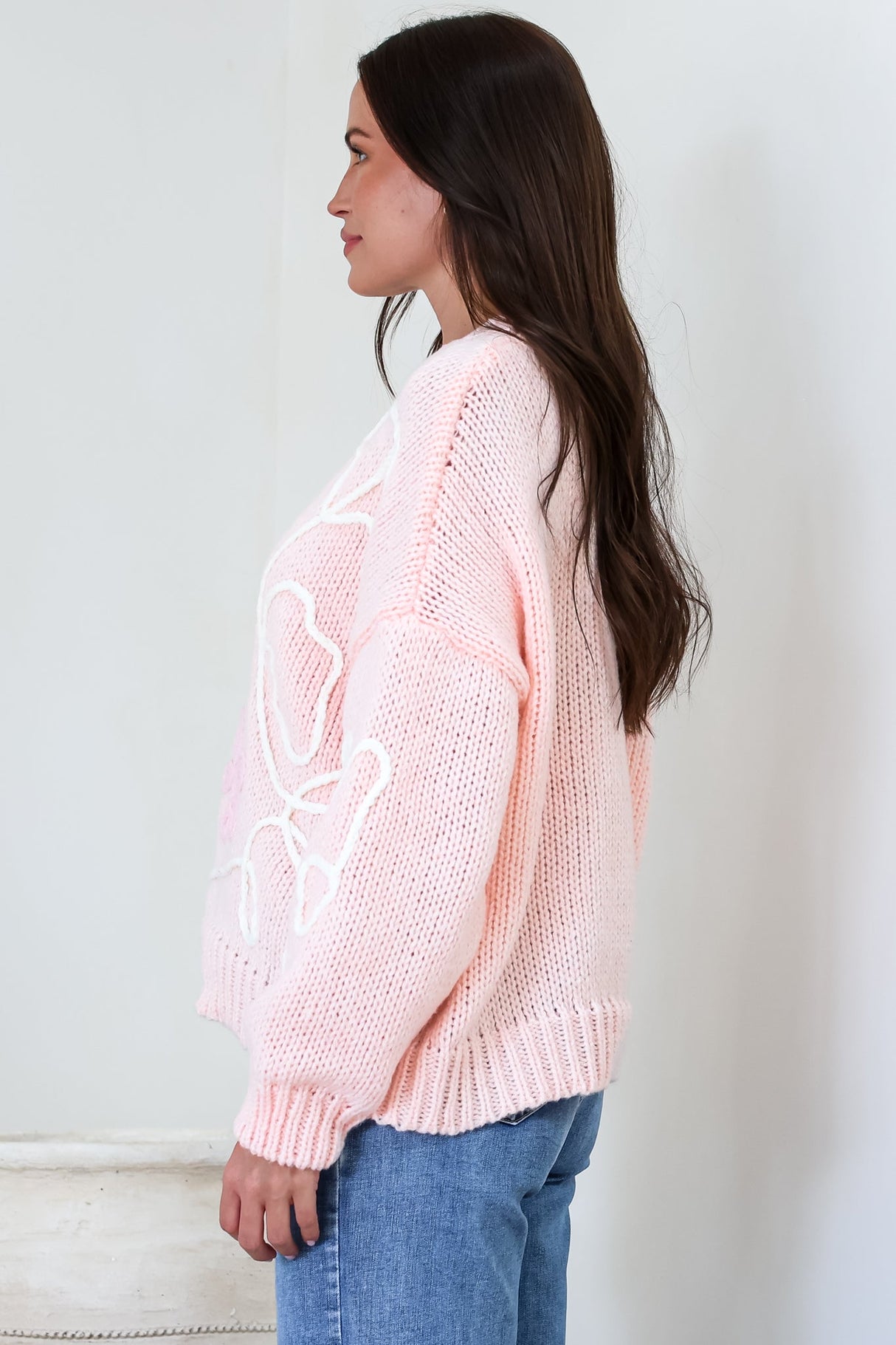 Lulu Jumper - Crew Neck Abstract Floral Motif Knit with Balloon Sleeves in Baby Pink