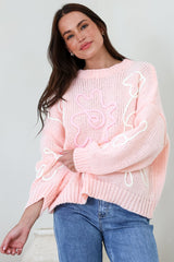 Lulu Jumper - Crew Neck Abstract Floral Motif Knit with Balloon Sleeves in Baby Pink