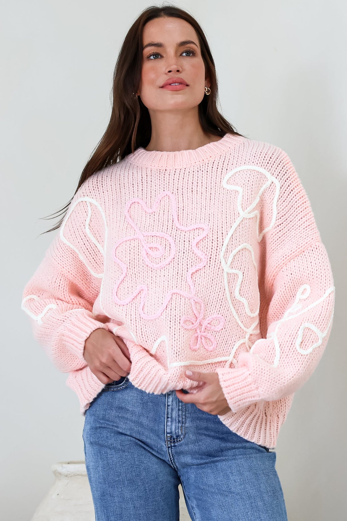 Lulu Jumper - Crew Neck Abstract Floral Motif Knit with Balloon Sleeves in Baby Pink