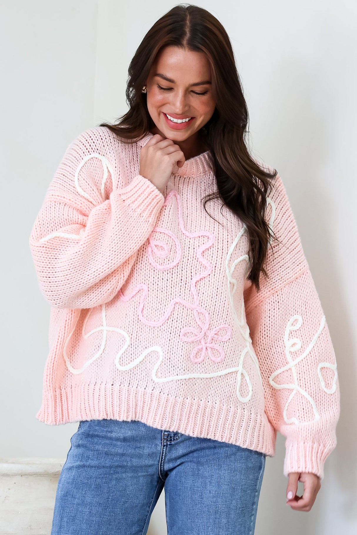 Lulu Jumper - Crew Neck Abstract Floral Motif Knit with Balloon Sleeves in Baby Pink