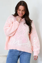 Lulu Jumper - Crew Neck Abstract Floral Motif Knit with Balloon Sleeves in Baby Pink