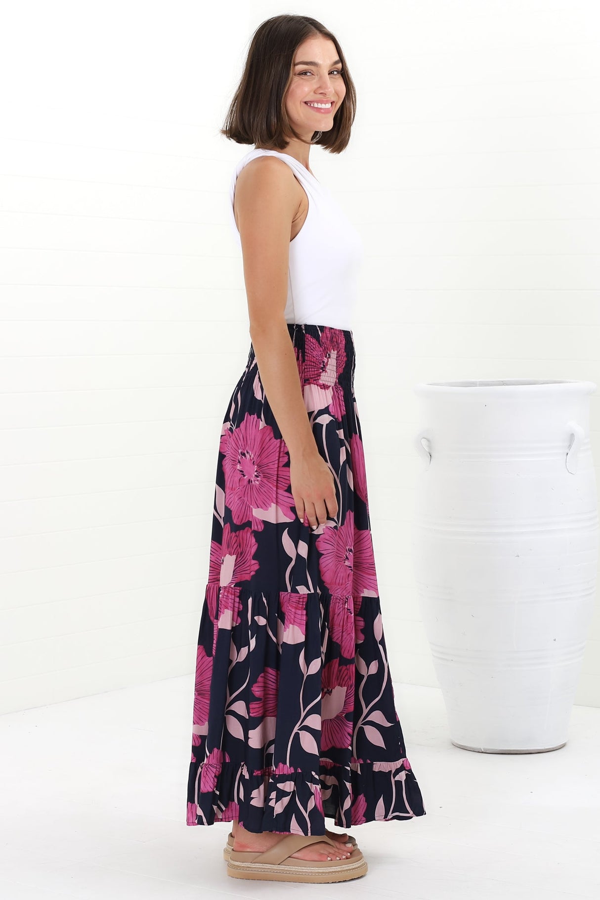 Lulu Maxi Skirt - Shirred Elasticated Waist Tiered Skirt in Ambi Print